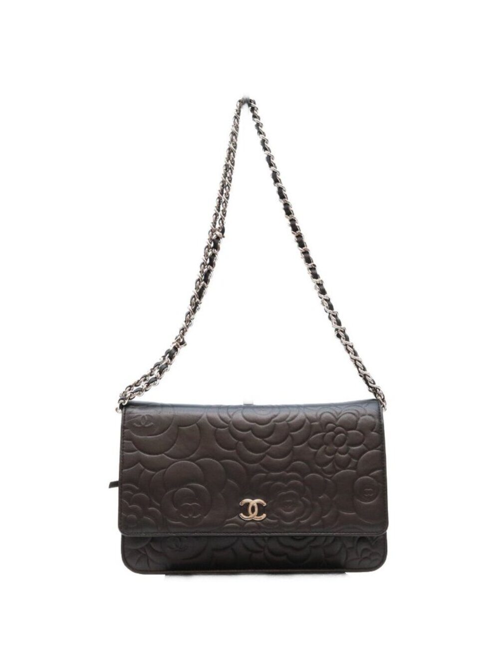 Chanel Black Lambskin Silver Camellia Chain Wallet Shoulder Bag